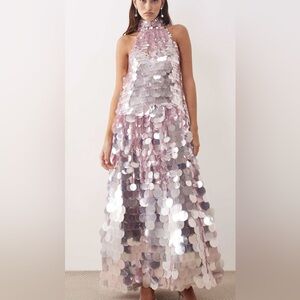 chinese dress ladies Rent ASOS DESIGN Allover Sequin Cup Detail Maxi Dress With Lace Waist  Detail In Blue